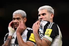 Joelinton and Bruno Guimaraes of Newcastle United react after the Premier League match between Manchester United FC and Newcastle United FC at Old Trafford on December 30, 2024 in Manchester, England. (Photo by Stu Forster/Getty Images)