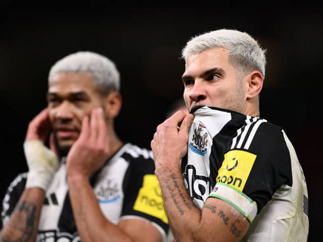 Joelinton and Bruno Guimaraes of Newcastle United react after the Premier League match between Manchester United FC and Newcastle United FC at Old Trafford on December 30, 2024 in Manchester, England. (Photo by Stu Forster/Getty Images)