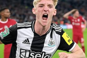 An AI generated image of Anthony Gordon celebrating an equalising goal for Newcastle United against Liverpool in the Carabao Cup final. 