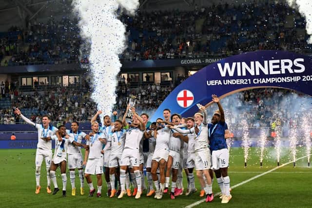 England U21's celebrating winning the European Championships. James Trafford, who has been linked with a move to Newcastle United, saved a penalty as Anthony Gordon was named Player of the Tournament.