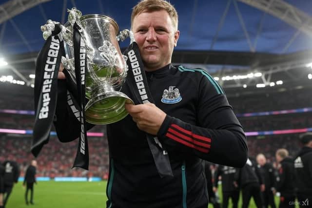 An AI generated image of Eddie Howe with the Carabao Cup.