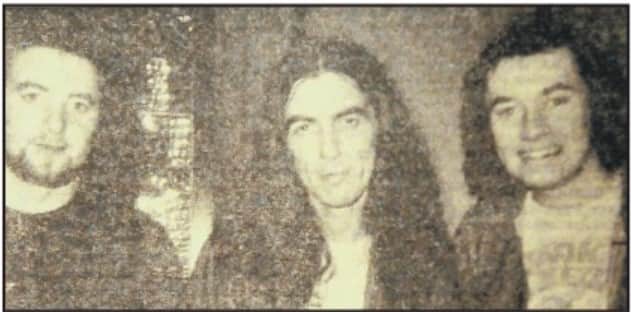 Splinter members Bob Purvis and Bill Elliott with George Harrison, centre.