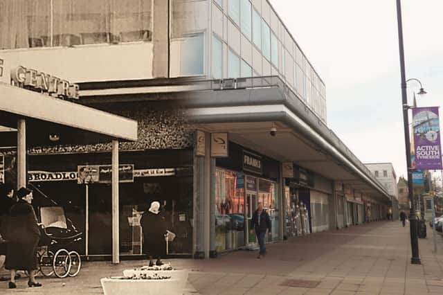 The Arndale Centre after the completion of the first phase in 1961, merged with a more recent photo.