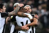 Alexander Isak of Newcastle United celebrates with teammate Bruno Guimaraes after scoring the team's second goal during the Premier League match between Newcastle United FC and Wolverhampton Wanderers FC at St James' Park on January 15, 2025 in Newcastle upon Tyne, England. (Photo by Stu Forster/Getty Images)