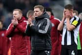 Eddie Howe, Manager of Newcastle United, applauds the fans following the team's victory during the Premier League match between Newcastle United FC and Wolverhampton Wanderers FC at St James' Park on January 15, 2025 in Newcastle upon Tyne, England. (Photo by Naomi Baker/Getty Images)
