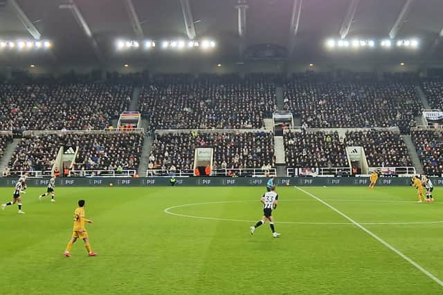 Pitchside boards advertising the Saudi Arabian Public Investment Fund were on display for the first time at St James' Park against Wolves on Wednesday.