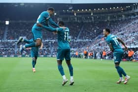 Dango Ouattara of AFC Bournemouth celebrates with teammate Tyler Adams after scoring a goal which was later ruled out during the Premier League match between Newcastle United FC and AFC Bournemouth at St James' Park on January 18, 2025 in Newcastle upon Tyne, England. (Photo by George Wood/Getty Images)