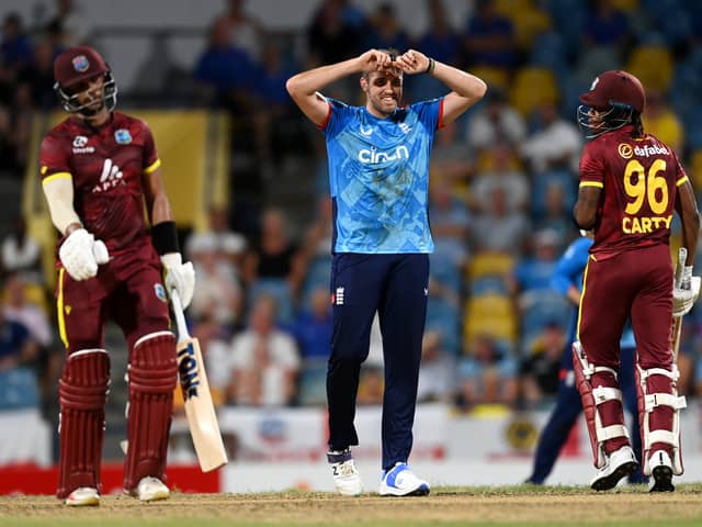 Jamie Overton of England reacts after bowling during the 3rd One Day International between the West Indies and England at Kensington Oval on November 06, 2024 in Bridgetown, Barbados.