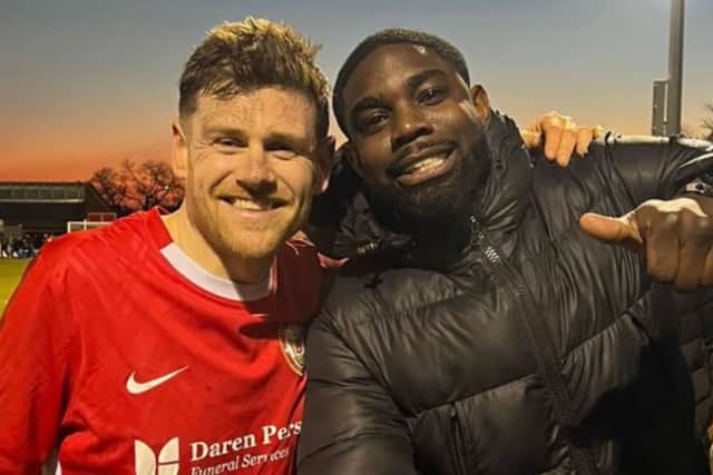 Former South Shields forward Lee Mason is pictured with Match of the Day and Sky Sports pundit Micah Richards.  Mason scored in North Shields 2-1 win in an FA Vase tie against West Didsbury and Chorlton (photo Lee Mason)