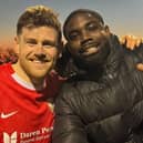 Former South Shields forward Lee Mason is pictured with Match of the Day and Sky Sports pundit Micah Richards.  Mason scored in North Shields 2-1 win in an FA Vase tie against West Didsbury and Chorlton (photo Lee Mason)