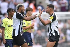 Bruno Guimaraes of Newcastle celebrates with Joelinton after the Premier League match between Newcastle United FC and Southampton FC at St James' Park on August 17, 2024 in Newcastle upon Tyne, England.
