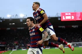 Bruno Guimaraes celebrating Newcastle United’s goal scored by Sandro Tonali at Southampton. 