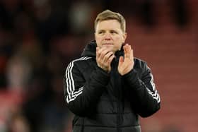 Eddie Howe, Manager of Newcastle United, applauds the fans at full-time following the team's victory in the Premier League match between Southampton FC and Newcastle United FC at St Mary's Stadium on January 25, 2025 in Southampton, England. (Photo by Eddie Keogh/Getty Images)