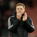 Eddie Howe, Manager of Newcastle United, applauds the fans at full-time following the team's victory in the Premier League match between Southampton FC and Newcastle United FC at St Mary's Stadium on January 25, 2025 in Southampton, England. (Photo by Eddie Keogh/Getty Images)