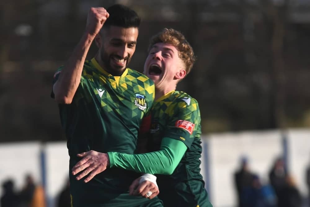 Dan Savage and Amar Purewal celebrate after the latter scored in Hebburn Town's 2-2 draw with Lancaster City