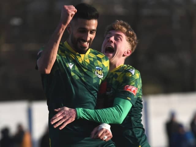 Dan Savage and Amar Purewal celebrate after the latter scored in Hebburn Town's 2-2 draw with Lancaster City (photo Tyler Lopes)