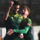 Dan Savage and Amar Purewal celebrate after the latter scored in Hebburn Town's 2-2 draw with Lancaster City (photo Tyler Lopes)
