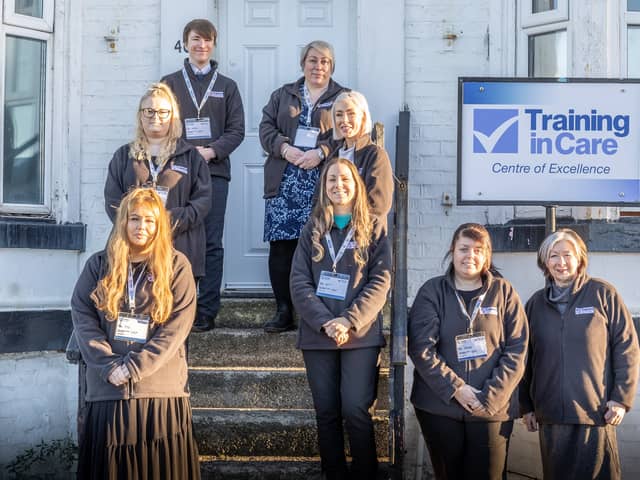 Dr Angela Brown (furthest right) with members of the Training in Care team outside of their head office, in South Shields.