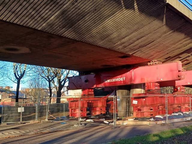 The temporary support installed beneath the Gateshead Flyover after its closure in December 2024.