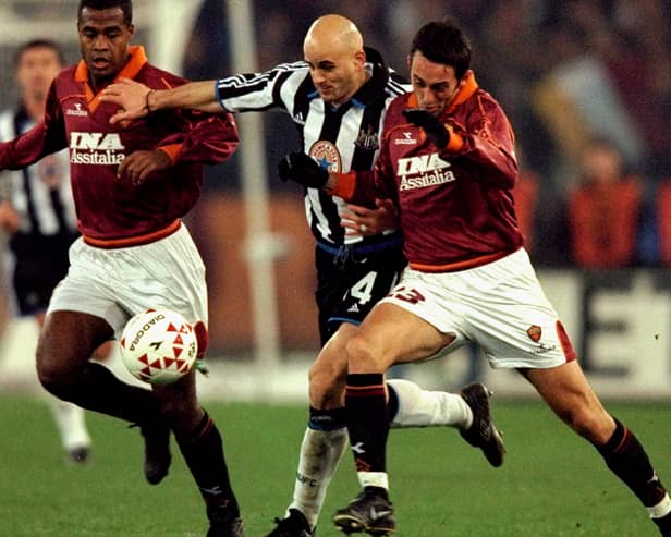 Temuri Ketsbaia of Newcastle United bursts between Marcos Assuncao (left) and Alessandro Rinaldi of AS Roma Credit: Phil Cole /Allsport