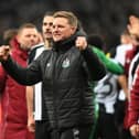 Newcastle United head coach Eddie Howe celebrating the win v Arsenal