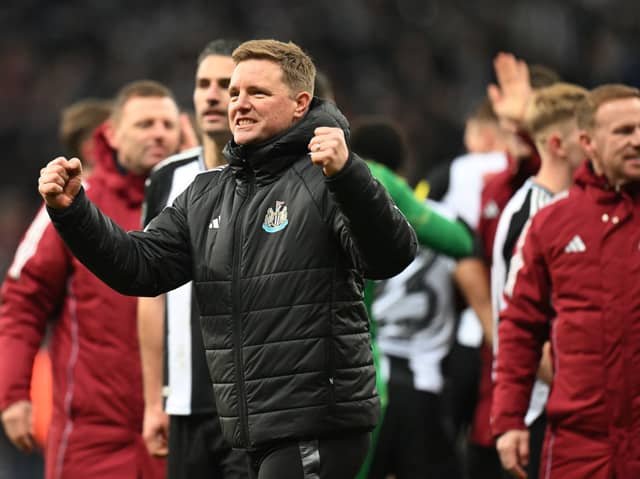 Newcastle United head coach Eddie Howe celebrating the win v Arsenal