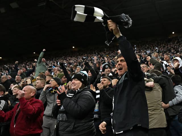 Newcastle Fans celebrate the first goal during the Carabao Cup Semi Final Second Leg match between Newcastle United and Arsenal at St James' Park on February 05, 2025 in Newcastle upon Tyne, England. (Photo by Stu Forster/Getty Images)