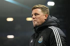 Eddie Howe, Manager of Newcastle United, looks on during the Emirates FA Cup Fourth Round match between Birmingham City and Newcastle United at St Andrewâs at Knighthead Park on February 08, 2025 in Birmingham, England. (Photo by Michael Regan/Getty Images)