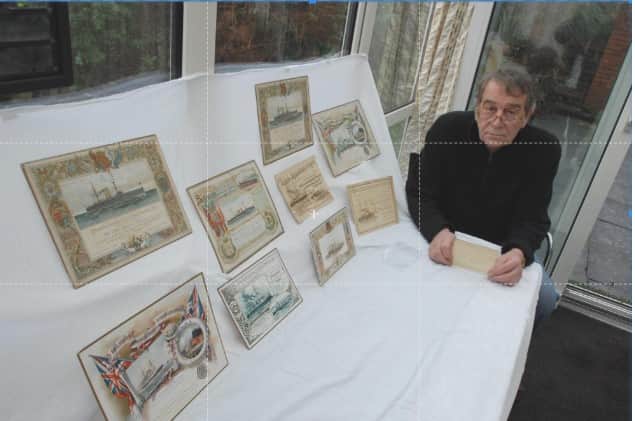 Vince pictured in 2008 with memorabilia related to the Jarrow March and Palmer's Shipyard.