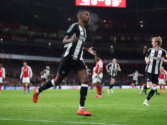 Alexander Isak celebrates scoring for Newcastle United against Arsenal at the Emirates Stadium.