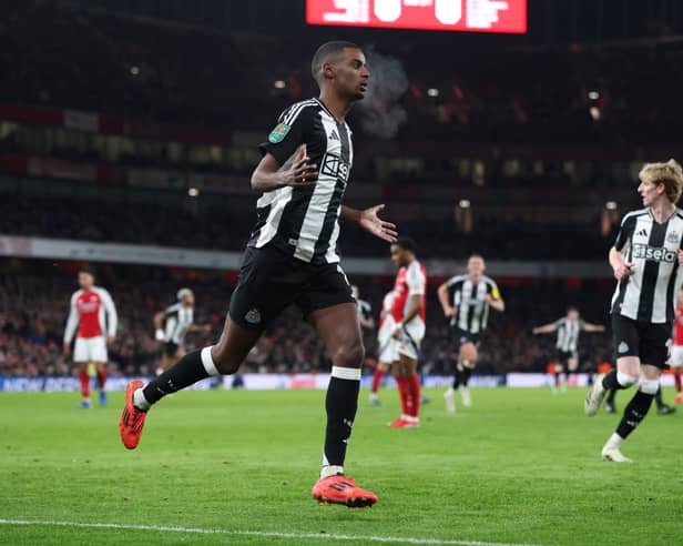 Alexander Isak celebrates scoring for Newcastle United against Arsenal at the Emirates Stadium.
