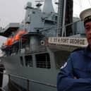 Gary Purdy LS(M) pictured with the Fort George on a visit to South Tyneside in 2003.