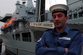 Gary Purdy LS(M) pictured with the Fort George on a visit to South Tyneside in 2003.