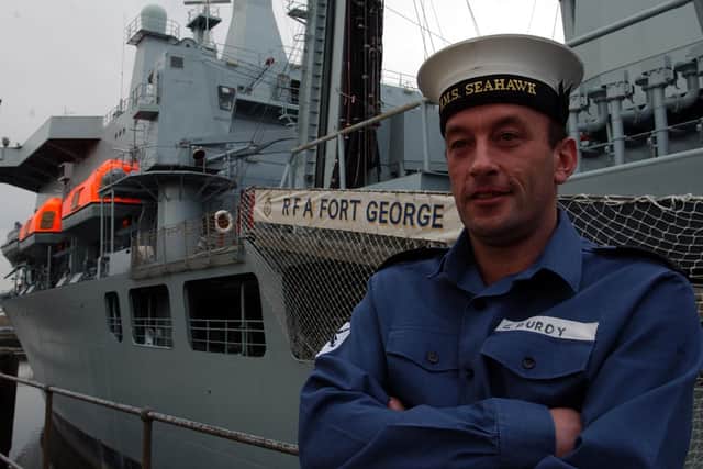 Gary Purdy LS(M) pictured with the Fort George on a visit to South Tyneside in 2003.