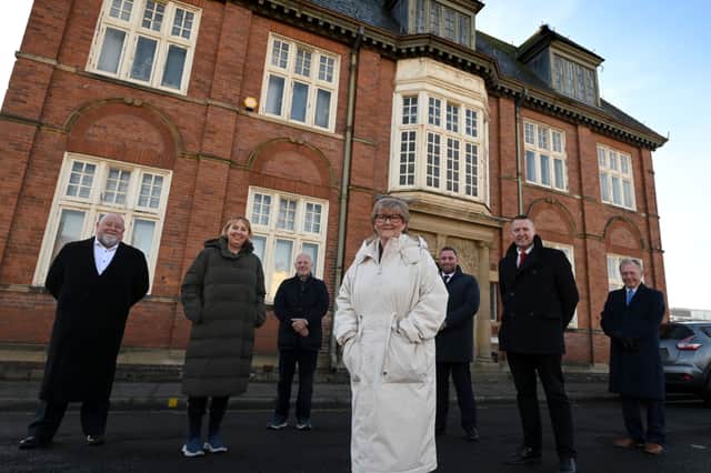 From left: George Clark, Vice Chair of Tyne Coast College; Dr Lindsey Whiterod CBE, Chief Executive South Tyneside College; Paul Macking, Chairman of PMC Ltd; Cllr Tracey Dixon, Leader of South Tyneside Council; Andrew Dawson, Managing Director at Castle; Tony Lister, Co-Founder and CEO at Castle and Dr Malcolm Grady, Chair of Governors.