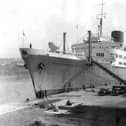 The 13,654 ton Furness Withy cruising liner Ocean Monarch on her arrival at Palmers, Hebburn, for annual refit in 1959.