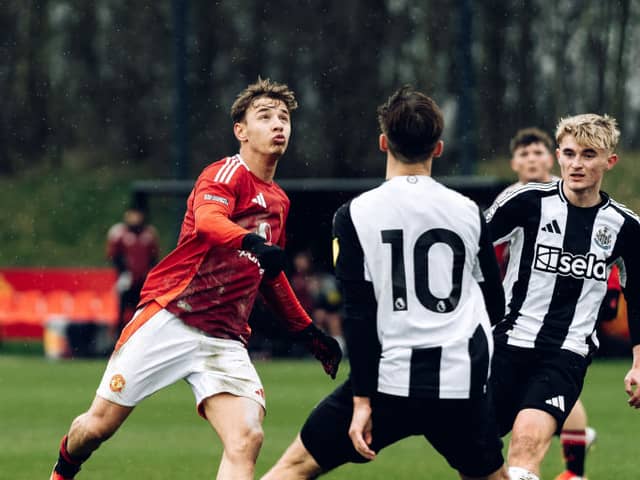Kyle Fitzgerald (right) in action for Newcastle United U18 v Man Utd