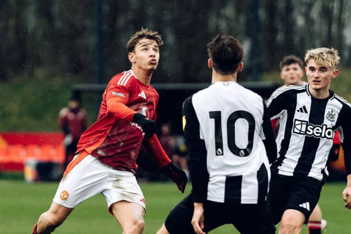 Kyle Fitzgerald (right) in action for Newcastle United U18 v Man Utd