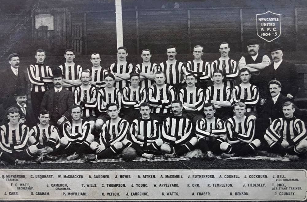 An original postcard showing the Newcastle United Championship winning squad for the 1904-05  season including star players Colin Veitch, James Lawrence (mis-spelt Laurence on the card) Bill McCracken, Andy Aitken, Alex Gardner, Jack Rutherford, Willie Appleyard and Jack Carr, card from photographers collection. (Stu Forster/Getty Images/Hulton Archive)