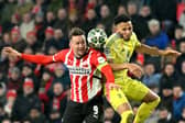 Lloyd Kelly in action for Juventus alongside PSV's Luuk De Jong