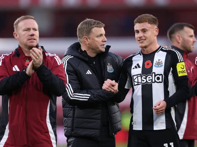 Eddie Howe and Harvey Barnes following Newcastle United's win over Nottingham Forest in November