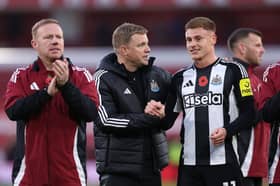 Eddie Howe and Harvey Barnes following Newcastle United's win over Nottingham Forest in November