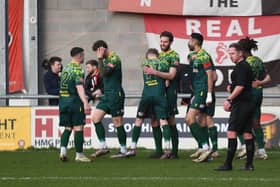 Hebburn Town celebrate after Matthew Elsdon opened the scoring in their 2-1 win at FC United of Manchester (photo Tyler Lopes)