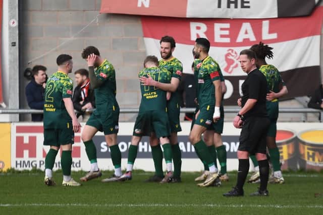 Hebburn Town celebrate after Matthew Elsdon opened the scoring in their 2-1 win at FC United of Manchester (photo Tyler Lopes)