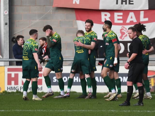 Hebburn Town celebrate after Matthew Elsdon opened the scoring in their 2-1 win at FC United of Manchester (photo Tyler Lopes)