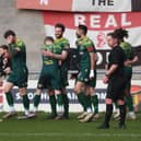 Hebburn Town celebrate after Matthew Elsdon opened the scoring in their 2-1 win at FC United of Manchester (photo Tyler Lopes)