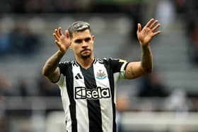 Bruno Guimaraes of Newcastle United celebrates victory after the Premier League match between Newcastle United FC and Nottingham Forest FC at St James' Park on February 23, 2025 in Newcastle upon Tyne, England. (Photo by Richard Heathcote/Getty Images)