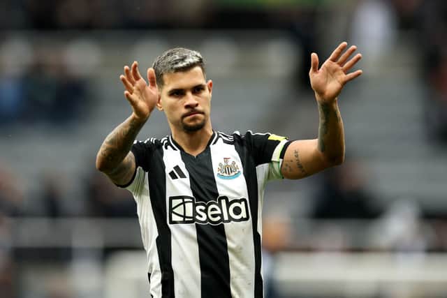 Bruno Guimaraes of Newcastle United celebrates victory after the Premier League match between Newcastle United FC and Nottingham Forest FC at St James' Park on February 23, 2025 in Newcastle upon Tyne, England. (Photo by Richard Heathcote/Getty Images)