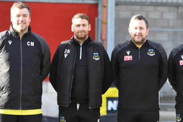 Hebburn Town goalkeeper coach Carl Morris, manager Daniel Moore, assistant Mark Hudson and coach Ian Whitecombe (L to R) - photo Tyler Lopes