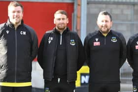 Hebburn Town goalkeeper coach Carl Morris, manager Daniel Moore, assistant Mark Hudson and coach Ian Whitecombe (L to R) - photo Tyler Lopes